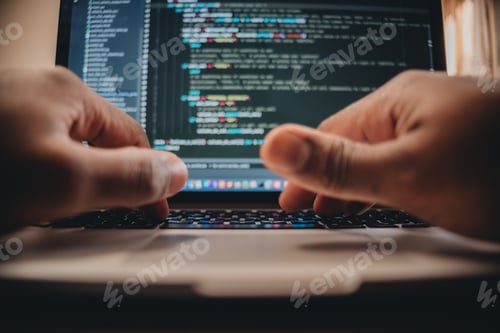 Preview: African American man sitting in front of computer coding, programming, web developer