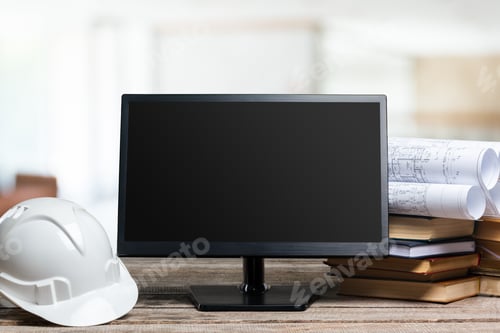 Preview: Modern workspace with computer monitor, hard hat, and blueprints during daylight hours