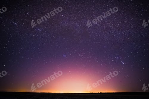 Preview: Real Night Sky Stars Background With Natural Colourful Sky Gradient. Sunset, Sunrise Light And