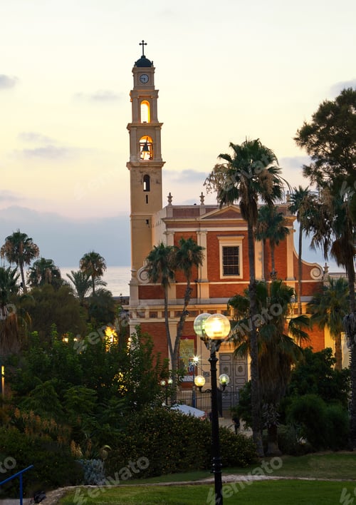 Preview: Panorama of old Jaffa at sunset Saint Peter Church evening July