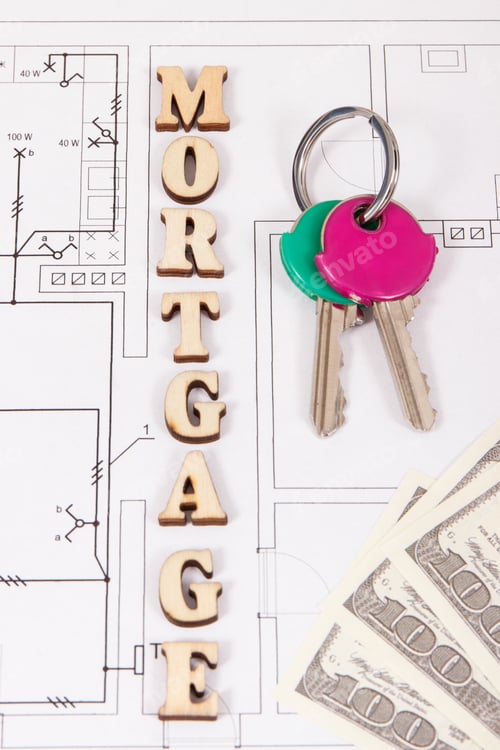 Preview: Inscription mortgage, currencies dollar and keys on construction diagrams of house