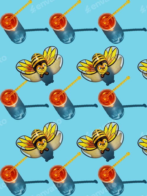 Preview: Pattern Jar with honey and shadow on a blue background, candy cane bee with shadow.