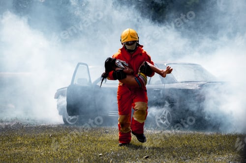 Preview: Fireman wearing safety uniform help car crash accident with axe for rescue victim life on fire and t