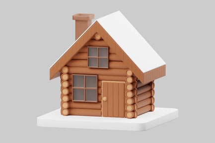 Log cabin with snow-covered roof and chimney