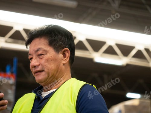 Preview: Warehouse Worker Wearing Safety Vest, Inspecting Merchandise