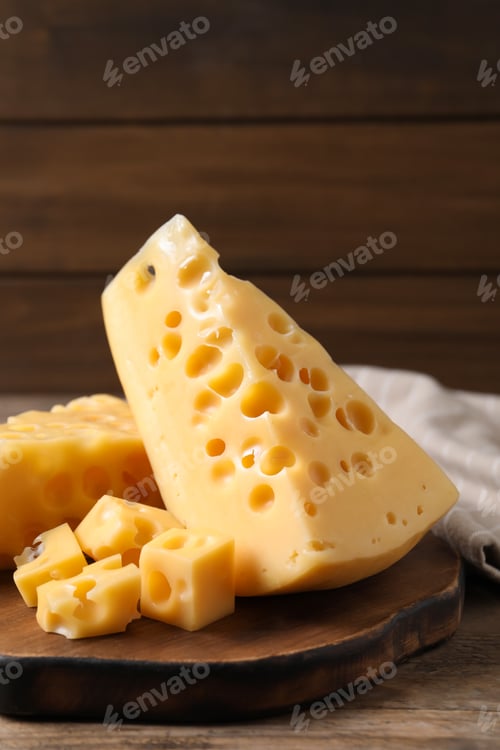 Vista previa: Pieces of delicious cheese on wooden table, closeup