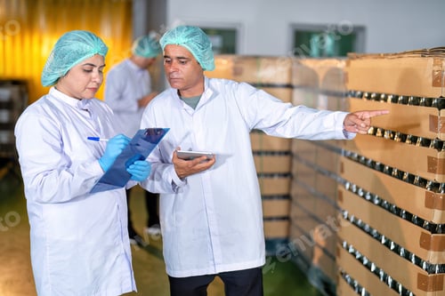 Preview: In warehouse quality control team checking drinking bottle stack on pallet before delivery