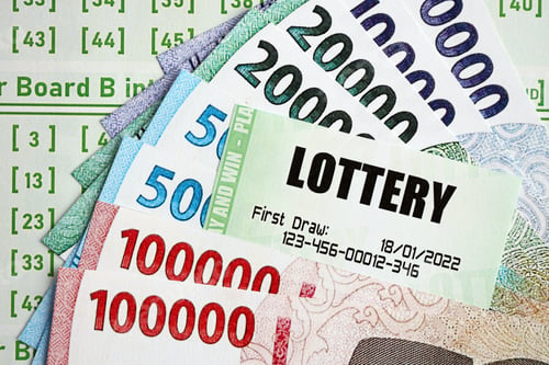 Preview: Green lottery tickets and indonesian money bills on blank with numbers for playing lottery