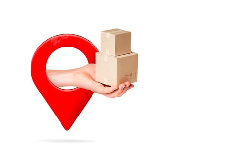 Preview: Delivery location pin, hand with parcels, last mile, white background