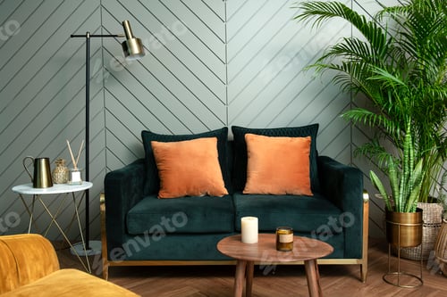 Preview: Retro jungle green living room with sofa interior design