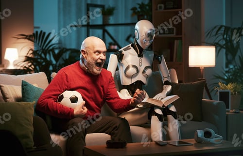 Preview: Man and humanoid robot with different interests