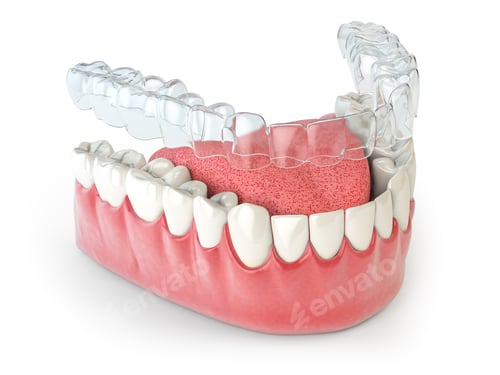 Preview: Invisalign invisible retainer or braces with lawer jaw islated on white.