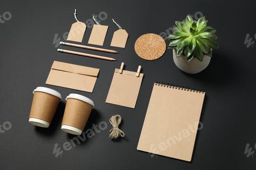 Preview: Composition with blank stationery and succulent on black background, mockup