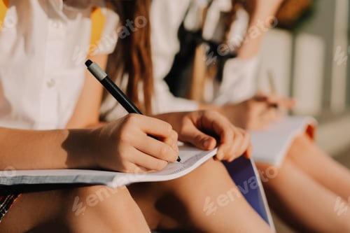 Preview: Schoolgirl writing on notebook sitting outdoors with classmate