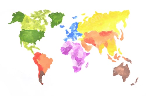 Preview: The world map is made with colored watercolor paints on white paper