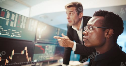 Preview: Computer screen, trading and men in office, discussion and internet with connection, stock market a