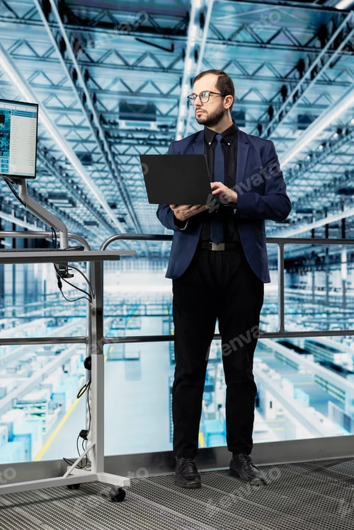 Preview: Man reviewing microchips factory analytics using laptop