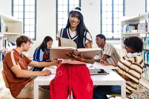 Preview: Happy student holding book standing in library