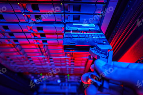 Preview: Cropped photo of modern telecommunication equipments in server room