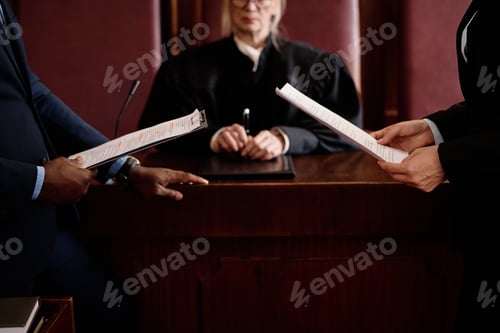 Preview: Close-up of prosecution and defense sides holding juridical documents