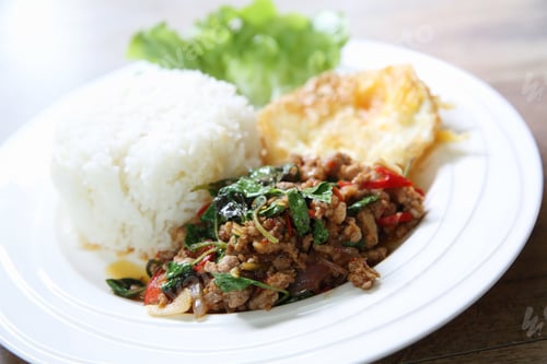 Preview: Stir Fried Pork And Basil Served With Rice And Fried Egg