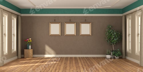 Preview: Room with ample space, wooden flooring, empty frames for artwork
