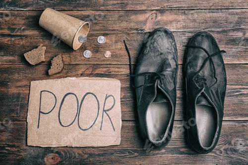 Preview: Flat lay composition with word POOR, coins and dirty shoes on wooden background