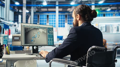 Preview: Person with disability in photovoltaics factory diagnoses malfunctioning systems