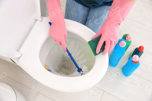 Preview: Woman cleaning toilet bowl in bathroom