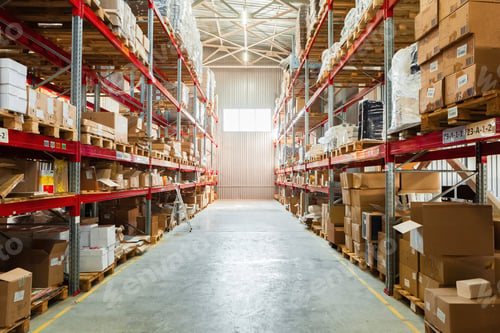 Preview: Modern warehouse shelves with pile of cardboard boxes