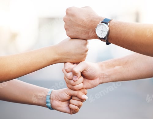 Preview: Hands support, team building and city people with vision for collaboration, motivation for corporat