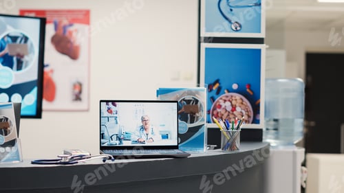 Preview: Front desk with video call on laptop