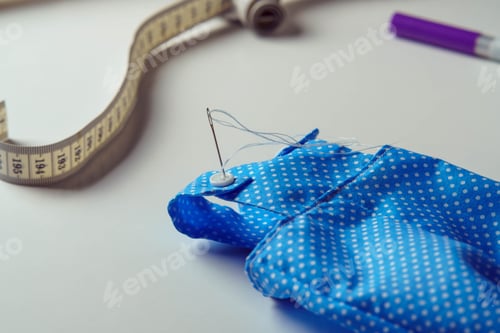Preview: Small cute started blue polka dot costume with needle overalls for toy near measure tape and pen on