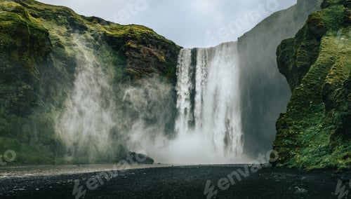 Preview: Landscape view of Skogafoss waterfall in cool colors, Skogar, Iceland