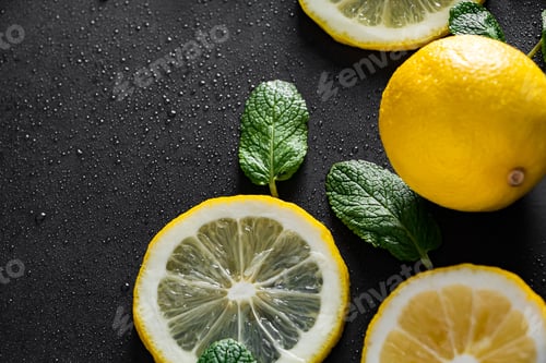 Preview: Fresh juicy lemon slices on a black background. Cocktail ingredient - mint leaves and lemon.