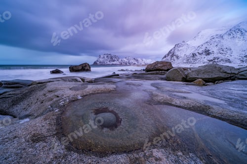 Preview: Lofoten islands, Nordland county, Norway, Europe. White snowy mountain hills and trees, nature