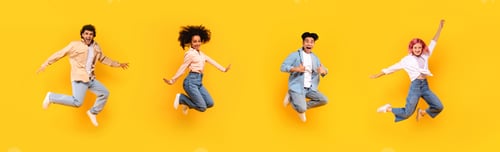 Preview: Emotional teen students jumping up high in the air isolated on yellow studio background, panorama