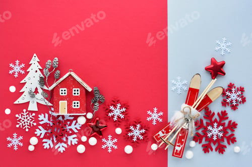Preview: Christmas decorations on red and gray background