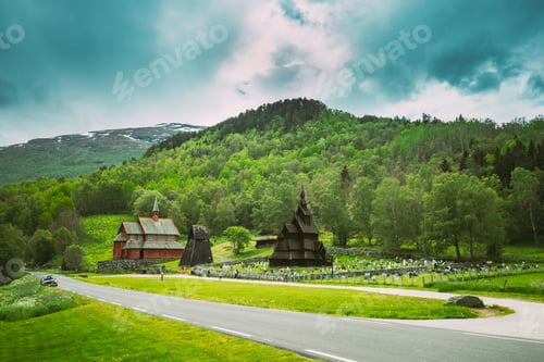 Preview: Borgund, Norway. Famous Landmark Stavkirke An Old Wooden Triple Nave Stave Church In Summer Day