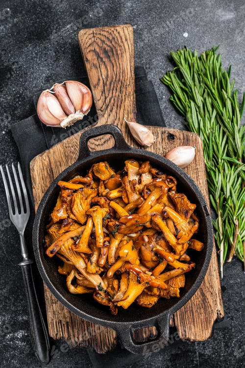 Preview: French roasted chanterelle mushrooms with onions and thyme in a pan. Black background. Top view
