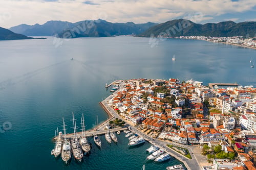 Preview: Aerial view of Marmaris at sunset, Turkey. View of the fortress and ships
