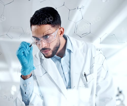 Preview: Young focused hispanic chemist drawing a dna structure on a board while brainstorming. Serious scie