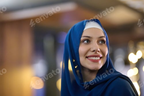 Preview: In a modern restaurant, a beautiful European Muslim woman gracefully enjoys the ambiance and