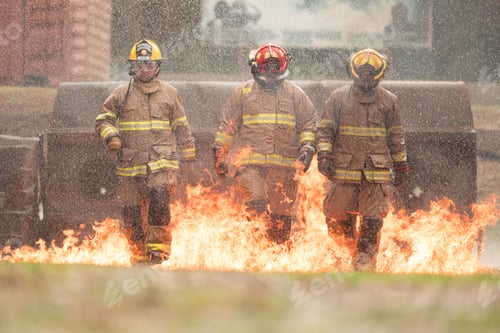 Preview: A group of firefighters in full protective gear walks through ground flames