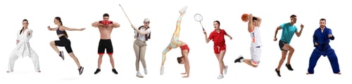 Preview: People engaged in different sport activities on white background, collage