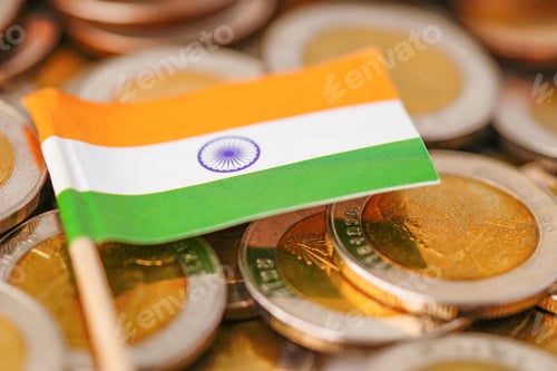 Preview: India Flag on coins background Business and finance