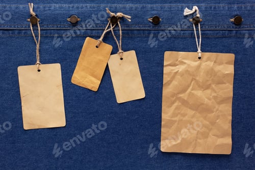 Preview: Price tag label on jeans background texture. Blue jeans denim fabric