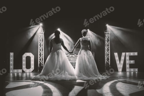 Brides Holding Hands Before Illuminated Love Sign