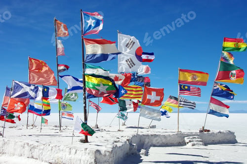 Preview: Landscape shot of various country flags floating in the sky in Bolivia