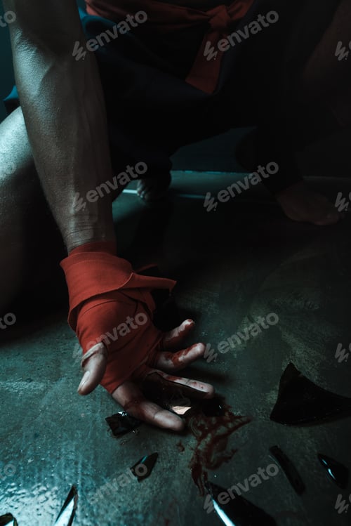 Preview: Muay Thai athlete holding glass shatters indoors, fight club concept